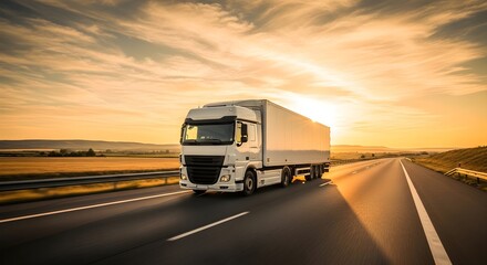 Truck Drives on a Road Against Setting Sun Delivering Freight with Speed