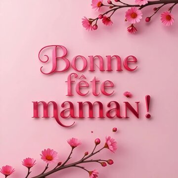 spring flowers on pink background with bonne fete maman french text for mother's day celebration