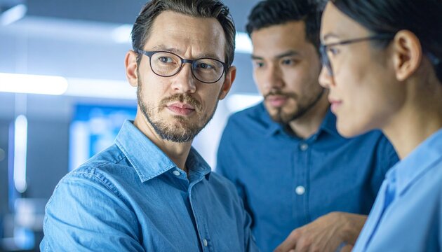 Three focused coworkers dressed in blue shirts analyzing a project, expressing a collaborative atmosphere - Powered by Adobe