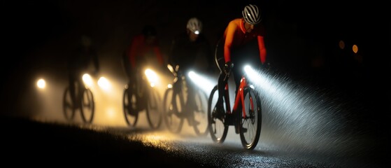Four cyclists ride on a dirt road at night. They wear bright cycling kits and helmets. Bike lights illuminate the wet ground, creating a dramatic scene.