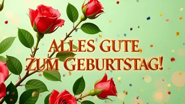 red roses on a green background with german birthday greeting text and falling confetti