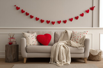 Cozy living room decorated for Valentine&rsquo;s Day with warm home decor elements. Romantic and inviting interior atmosphere for seasonal lifestyle concepts.