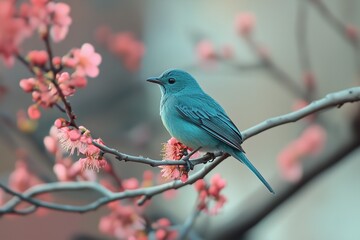 Beautiful blue bird perched on pink cherry blossom branch in spring.