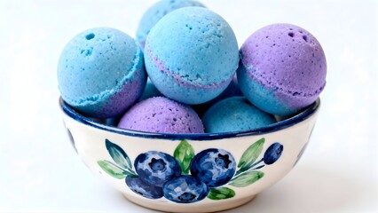 Blueberry fruit bath bombs in a bowl 