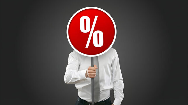 A professional businessman wearing a white shirt and gray tie holds a prominent red circular sign displaying a large white percentage symbol directly - Powered by Adobe