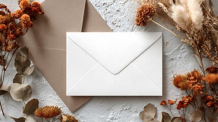 Close-up of envelopes and dried flowers on a textured, neutral-toned background