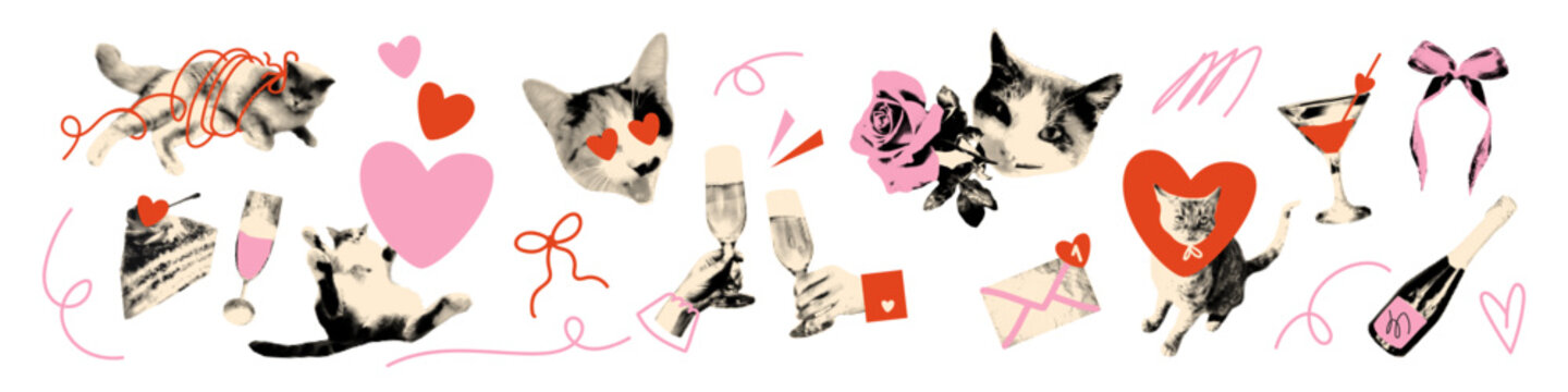 Cats in love halftone art collage cut outs set. Funny playful stickers, vintage dot texture and doodles, Valentine's day party, champagne, cheers, hearts. Modern retro mixed media vector illustration