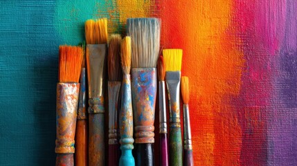 Vibrant paintbrushes set against colorful textured canvas.
