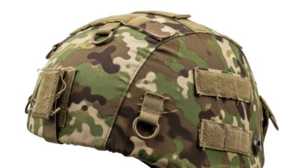 Camo military helmet with tactical straps and pouches isolated on transparent background