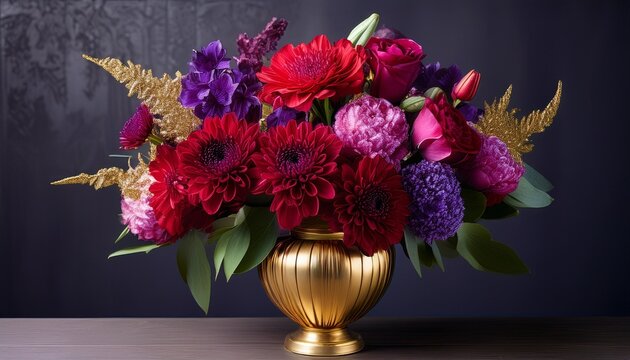 Somptueux Bouquet De Fleurs Ecarlates Et Violettes Dans Un Vase Dore Opulent Ambiance Royale Feutree Ai Generated