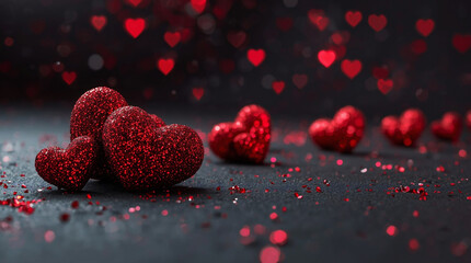 Valentine&rsquo;s Day Background with Red Glitter Hearts on Dark Surface, Romantic Holiday Concept, Love Symbol, Abstract Bokeh Lights, Elegant Minimal Design for Greeting Cards 