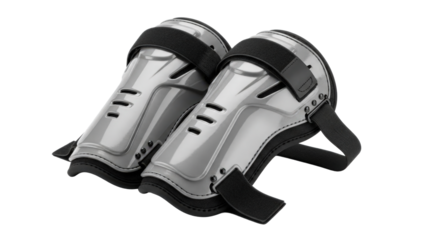 Pair of silver knee pads with black straps isolated on transparent background