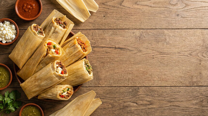 Traditional Mexican Tamales in Corn Husks with Various Fillings and Salsas