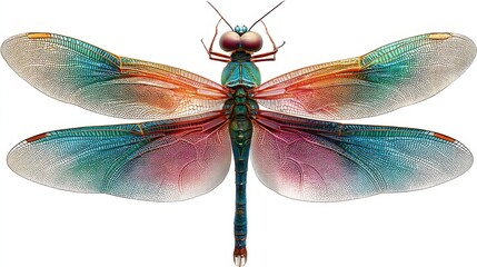 Colorful dragonfly on white background with intricate wing patterns.