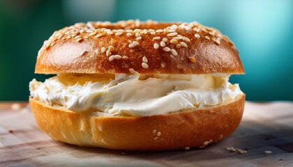 A Close Up Of A Bagel Split And Generously Filled With Creamy White Cream Cheese