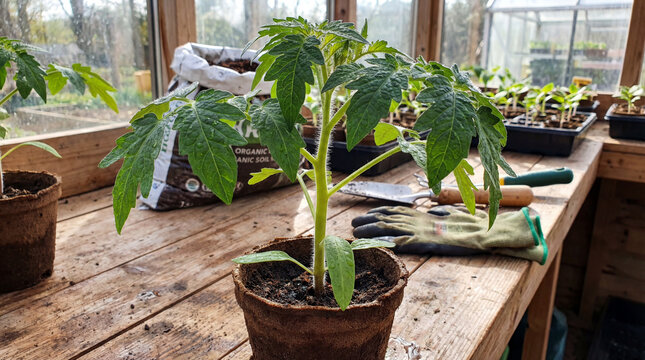 Green tomato plant growing in pot on wooden table in greenhouse   - Powered by Adobe