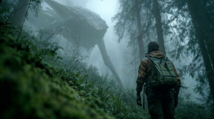 Naklejka premium Hiker Facing Giant Alien Walker In Misty Forest Landscape
