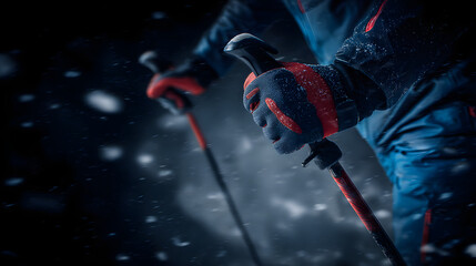 Hands gripping ski poles in snowy conditions during a winter sports activity at night
