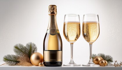 Champagne Bottle With Two Glasses Filled With Bubbly Drinks On A White Background Festive Sparkling Toast Celebration