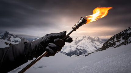 Torch held high in snow-covered mountains during sunset with clouds in the sky