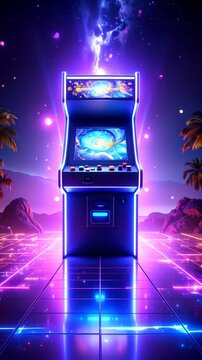 Illuminated arcade cabinet glowing neon purple on a retro reflective grid floor with nebula and palm trees at night