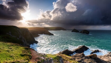 Sunlight And Storm Clouds Over Rugged Cornwall Coastline