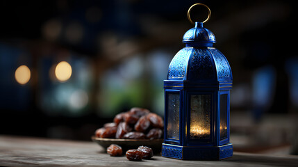 Lighting a blue lantern next to a bowl of dates in a dim setting during evening time