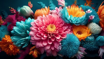 Vibrant Floral Explosion With Bold Pink Turquoise Orange And Yellow Blossoms Against A Dark Background