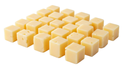 Cubes of yellow cheese arranged on a transparent background isolated on transparent background