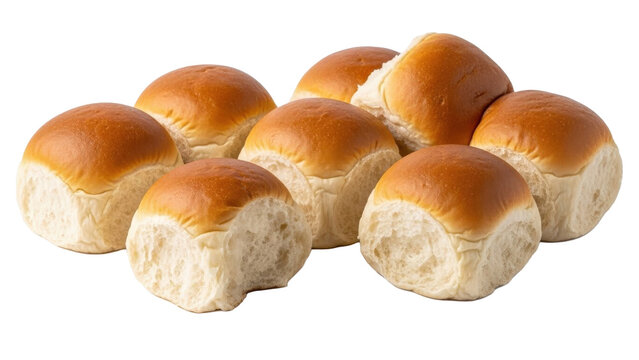 Eight golden brown dinner rolls arranged in a loose cluster isolated on transparent background