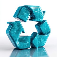 3D Glossy Teal Marble Recycling Symbol on White Background