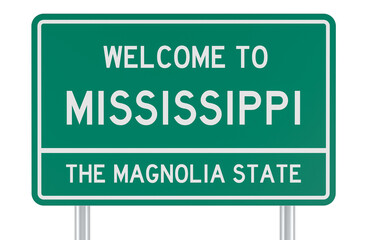 Welcome to Mississippi, green road sign. 3D rendering