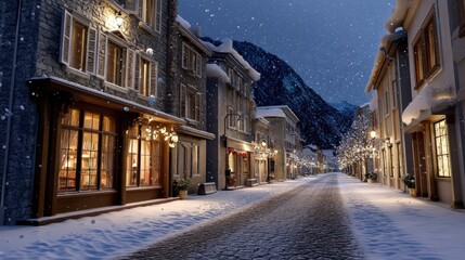 Obraz premium Cozy Winter Village Street at Night with Falling Snow