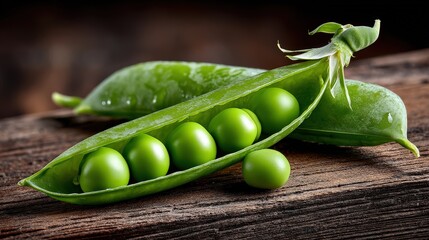 Fresh Green Peas in an Open Pod on a Rustic Wooden Background