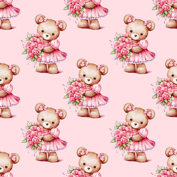 Cute watercolor seamless pattern design with a girl teddy bear in a pink dress holding a bouquet of flowers. Print for wallpaper, cards, fabric, wrapping paper, backgrounds, textures

