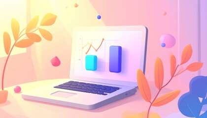 Laptop Displaying Business Growth Chart in a Stylized 3D Environment.