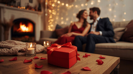 Romantic Valentine&rsquo;s Day Evening at Home with Red Gift Box and Candlelight, Cozy Couple by Fireplace, Love Celebration, Intimate Lifestyle Moment, Warm Holiday Atmosphere