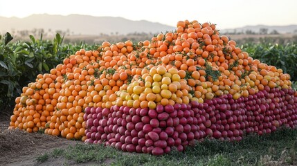 A vibrant mountain of citrus fruits arranged in a colorful display on a farm field at sunset.