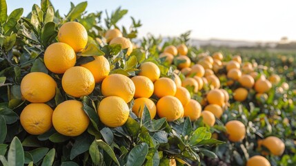A vibrant field of ripe oranges growing on trees under a bright sky.