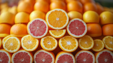 A vibrant close-up of a mountain of citrus fruits, showcasing sliced oranges and grapefruits with juicy interiors.