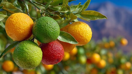 A vibrant cluster of citrus fruits including oranges, limes, and a red tangerine hanging on a tree branch with lush green leaves against a blurred mountain backdrop.