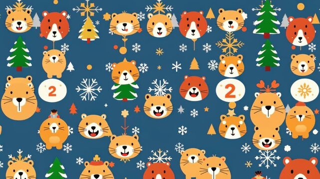 Festive groundhog pattern with snowflakes and trees on blue background
