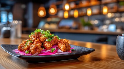 Crispy Fried Chicken Karaage with Pickled Onions in a Restaurant
