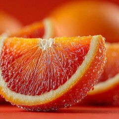 A close-up of a fresh orange slice with glistening juice droplets, showcasing vibrant color and texture.
