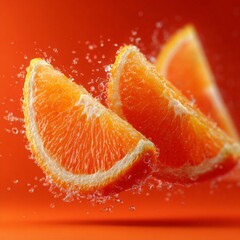 Fresh orange slices with vibrant juice droplets captured in motion against a warm orange background.