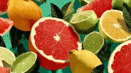 A vibrant flat graphic collage of sliced citrus fruits including oranges, lemons, limes, and grapefruits arranged in a seamless pattern with bold colors and leaf accents.