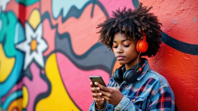 Vibrant urban music experience: young woman with afro hair enjoys music on headphones against colorful mural