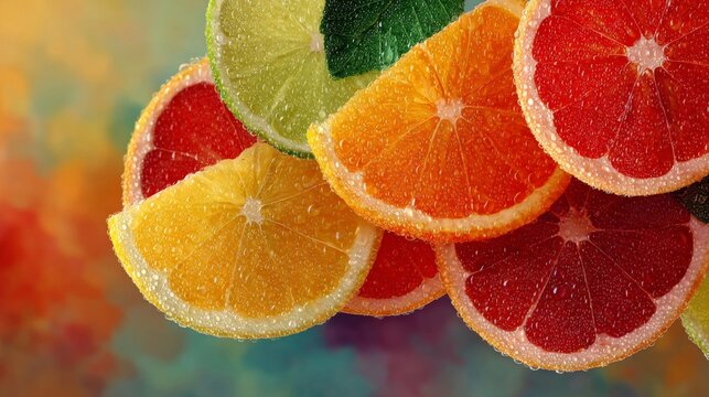 A vibrant collage of citrus fruit slices with water droplets, featuring a soft blurred background in warm yellow and orange tones.