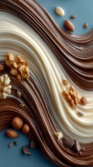A dynamic swirl of creamy white and rich brown chocolate with scattered nuts, captured in natural lighting with vibrant color grading.