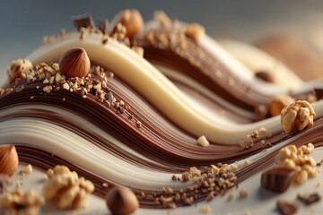 A close-up of flowing chocolate and cream waves topped with chopped nuts and whole hazelnuts under soft natural lighting.